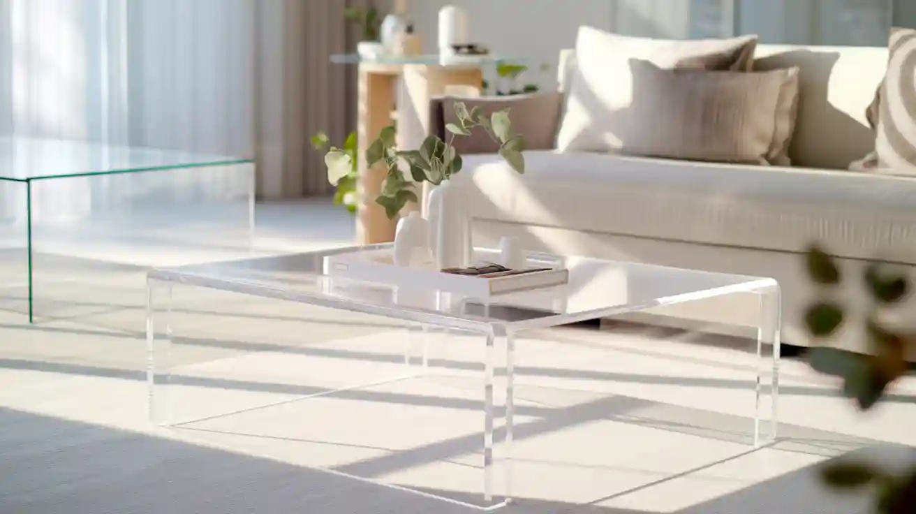 A modern acrylic coffee table in a minimalist living room, with a glass table in the background for comparison.