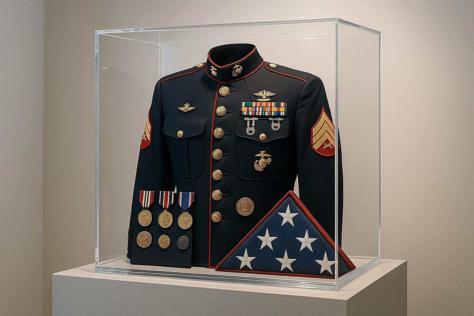 Creative military uniform showcase in custom acrylic display case with medals and flag