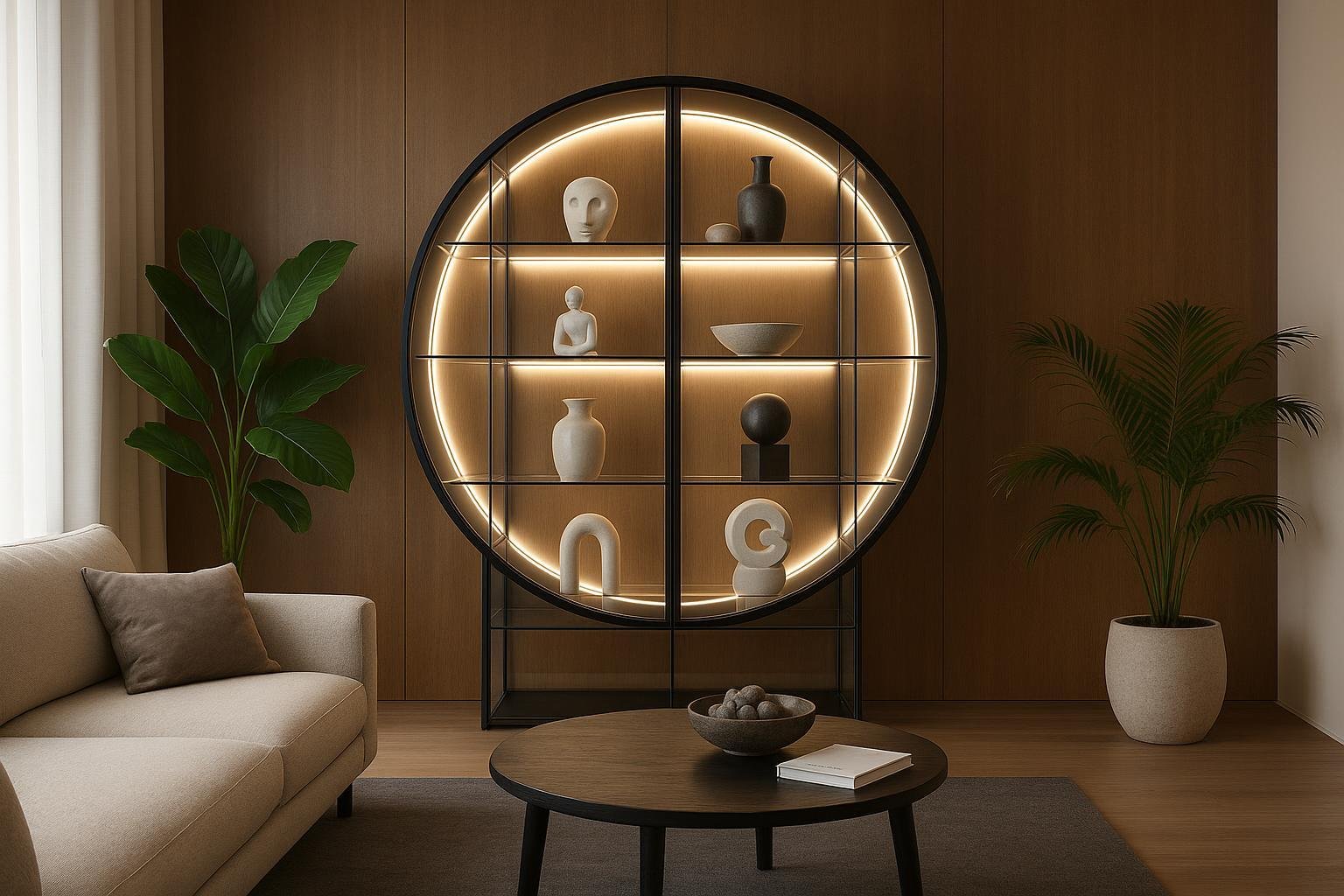 Stylish round curio cabinet in a contemporary living room, blending luxury, clarity, and modern design trends in 2025.