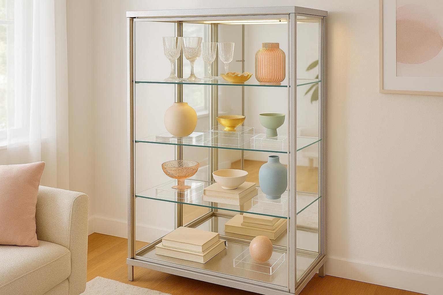 Mirrored curio cabinet styled with acrylic risers and soft lighting in an elegant living space