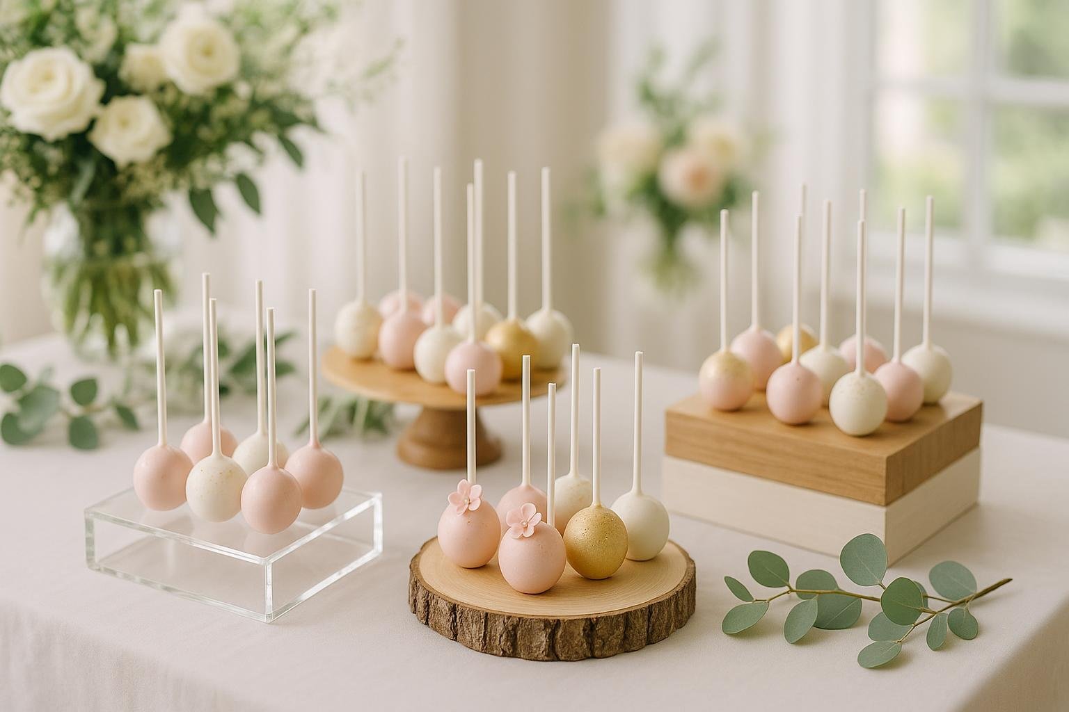 Creative cake pop stand display arrangements for all occasions: acrylic, wood, and personalized stands on a festive event table.