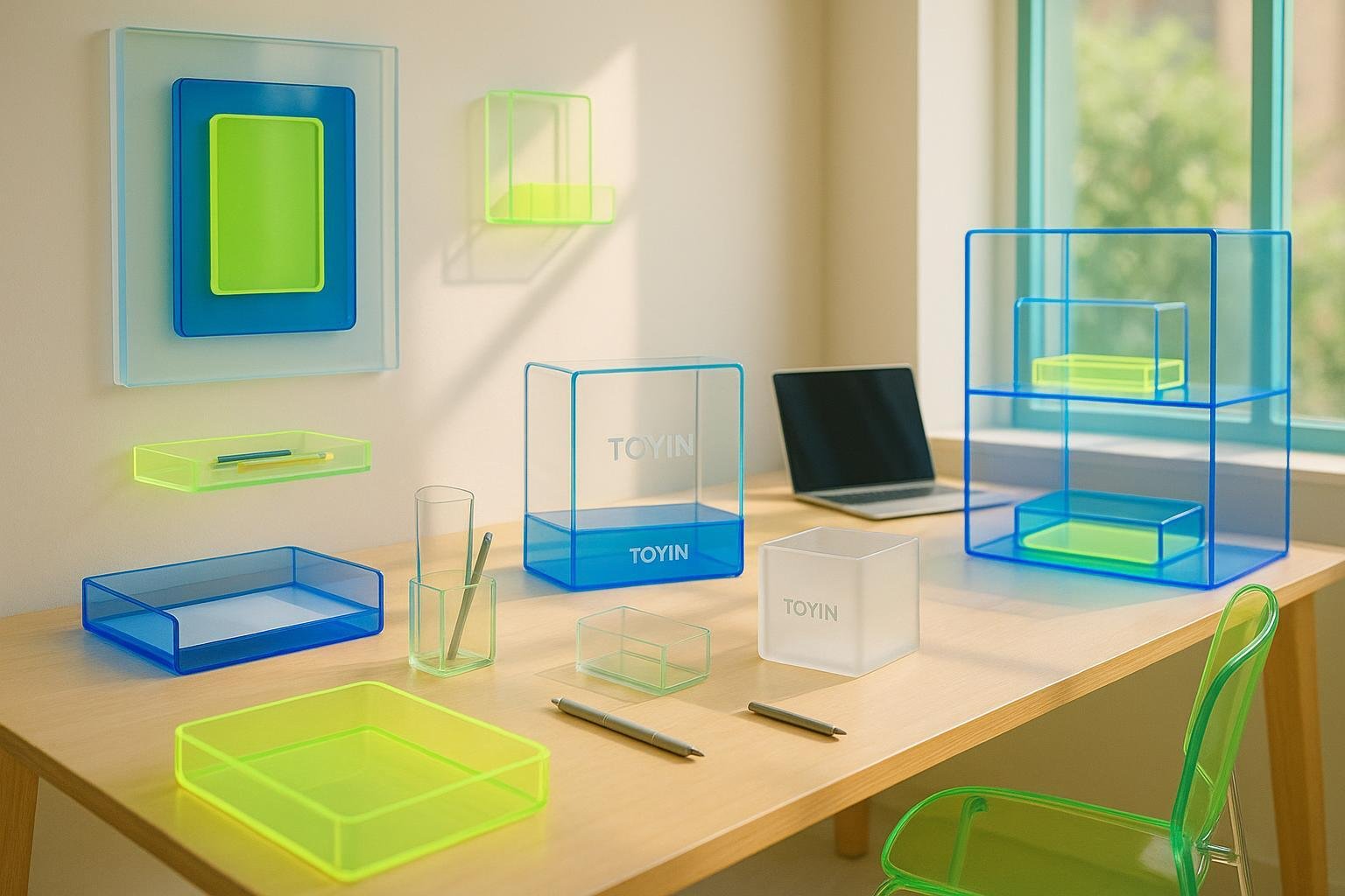 Modern workspace with versatile acrylic items and TOYIN branding, inspiring beginners in 2025 design.