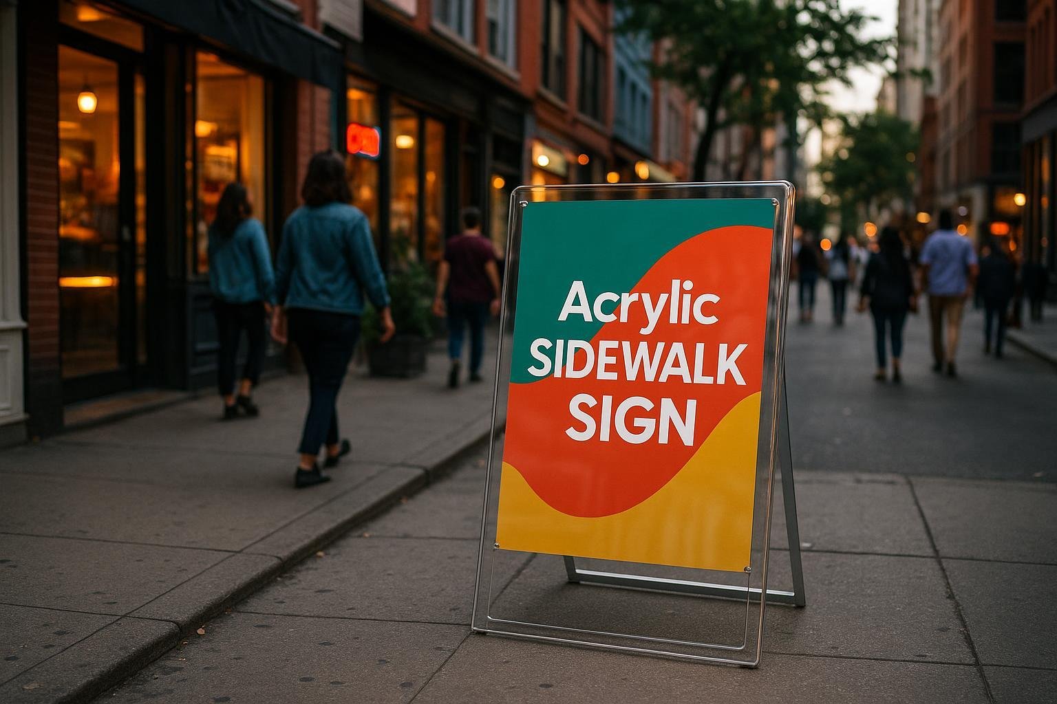 Modern acrylic sidewalk sign boosting business foot traffic in a lively urban setting