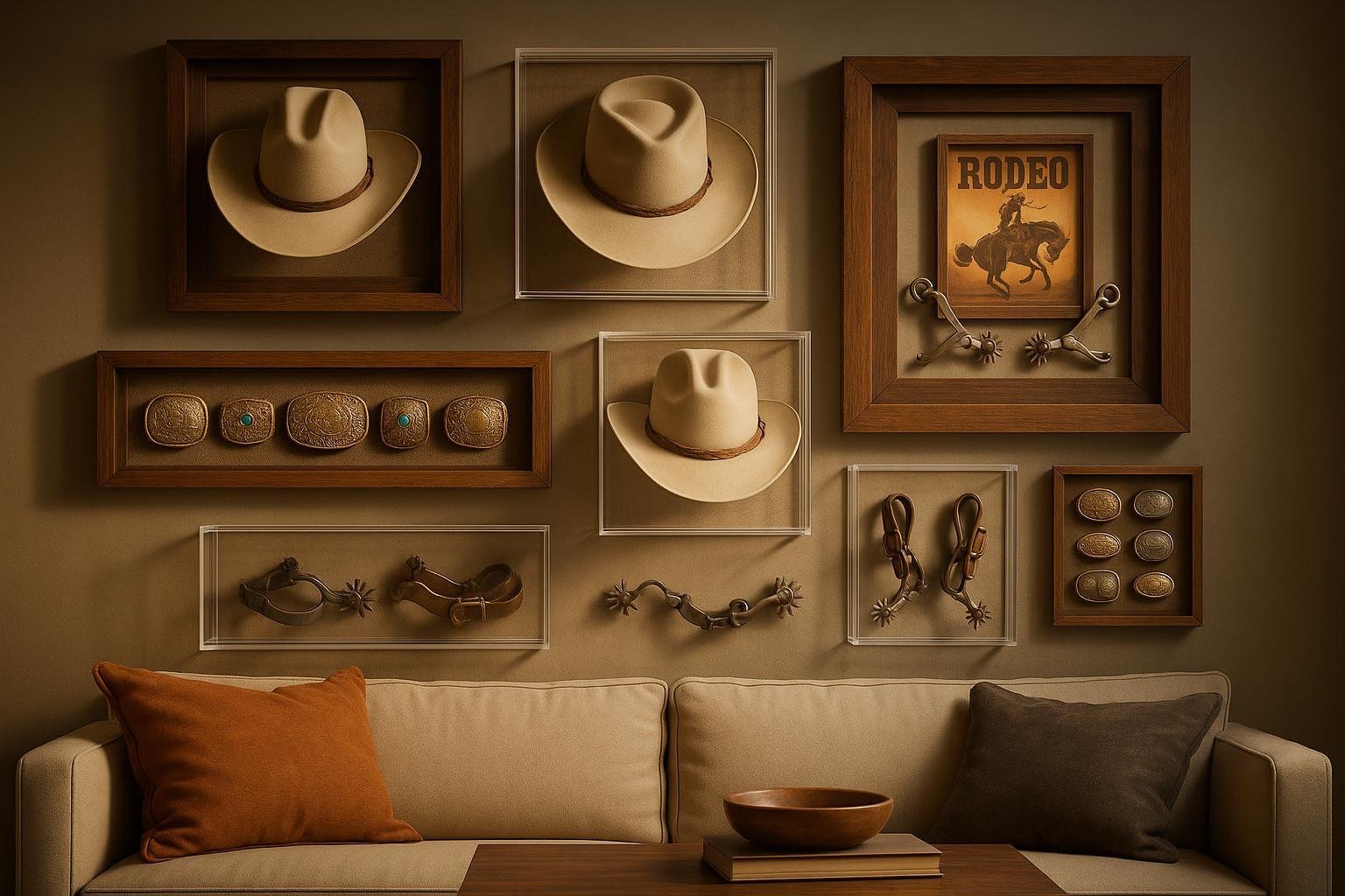 Western shadow box collection displayed in acrylic and rustic frames on a living room wall, illuminated with warm lighting.