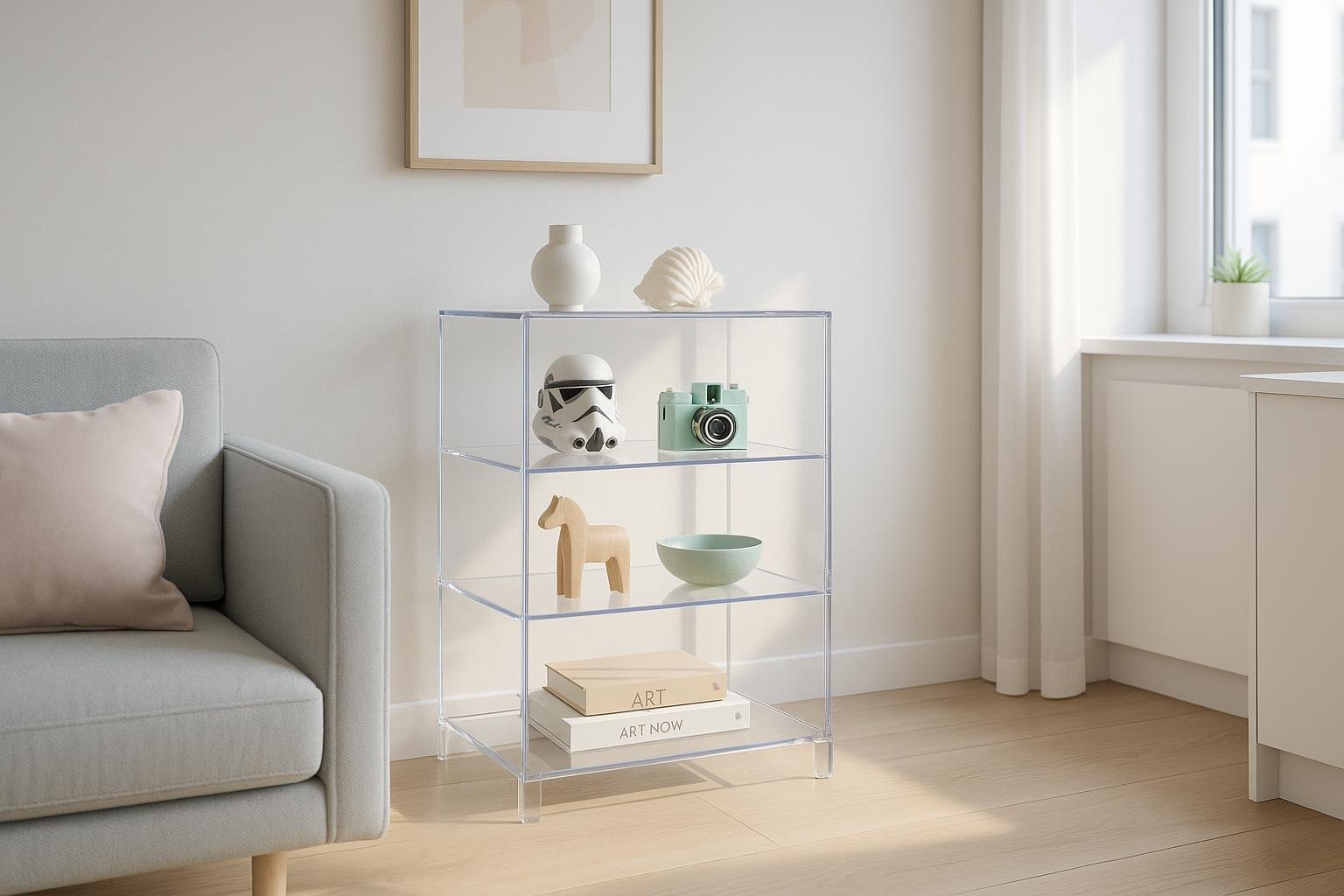 Short acrylic curio cabinet elegantly displayed in a small urban living space.