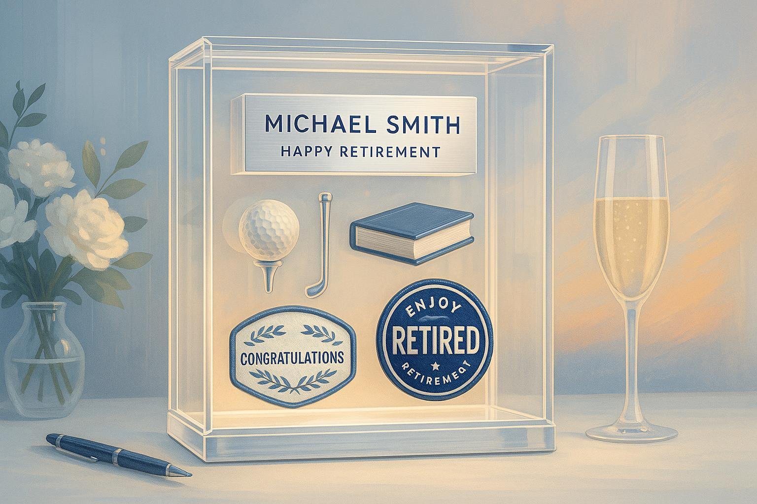 Modern acrylic retirement shadow box with illuminated interior and keepsakes