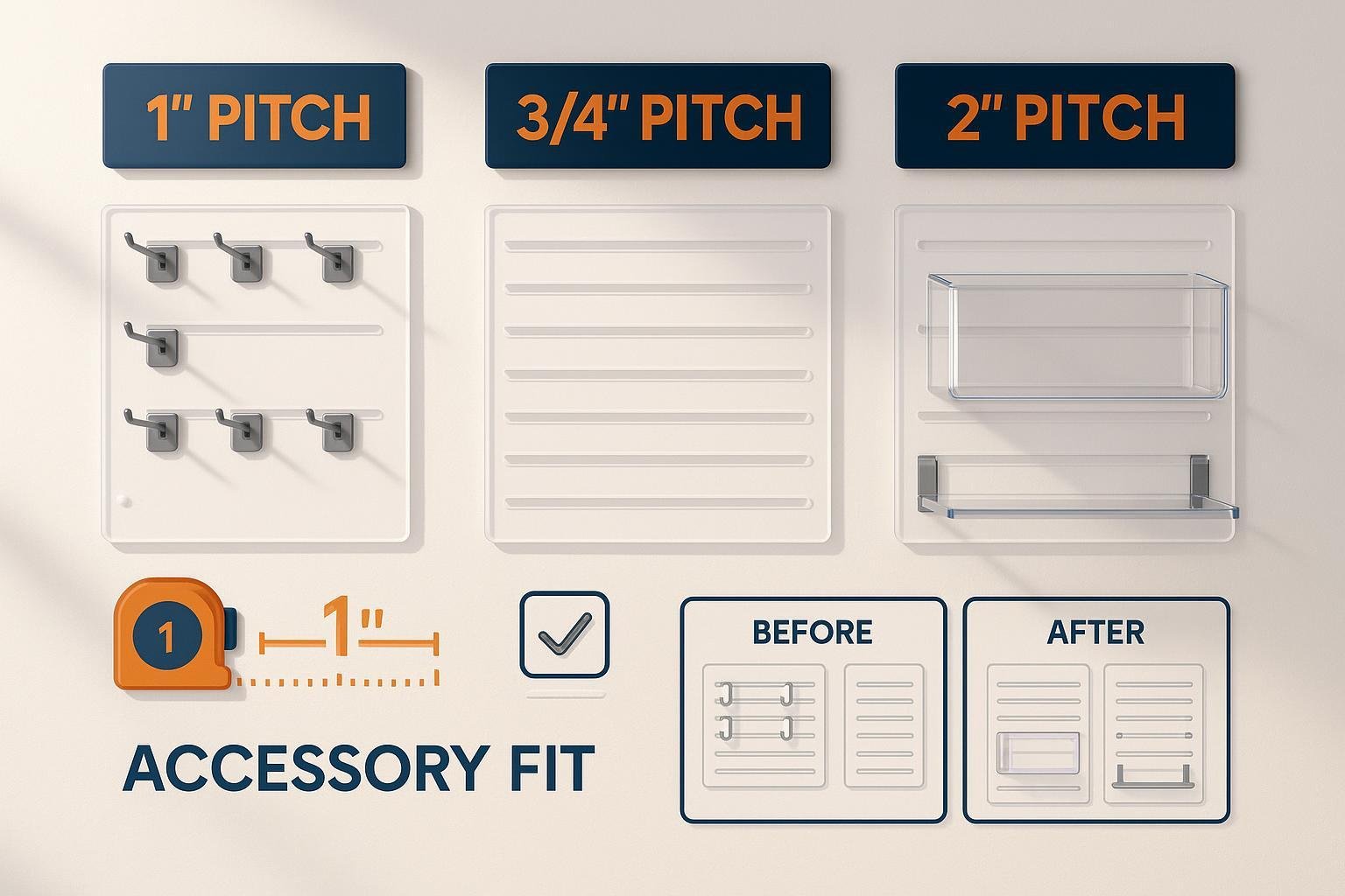 Custom acrylic slatwall panels with measurement examples and accessories, showing layout options for beginners.