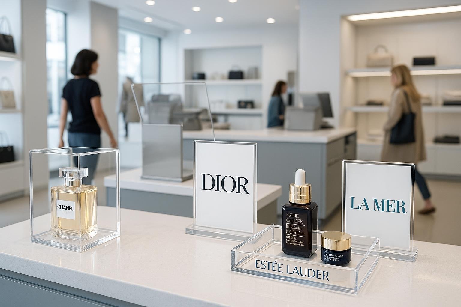 Acrylic POP displays in a modern retail store, showing custom display boxes, trays, and signage near products and checkout.