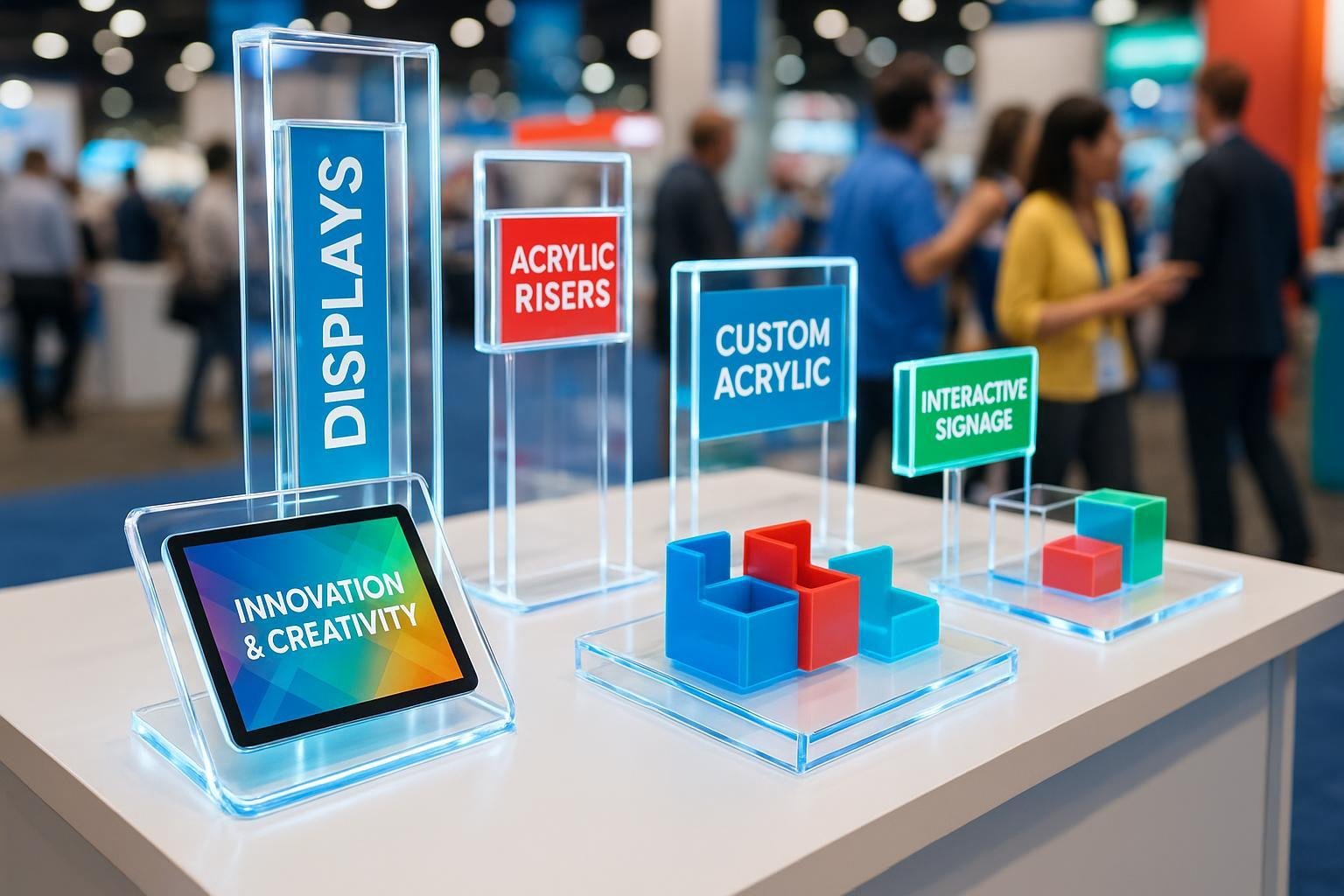 Innovative trade show table display featuring modern acrylic stands, interactive signage, illuminated elements, and engaged attendees.