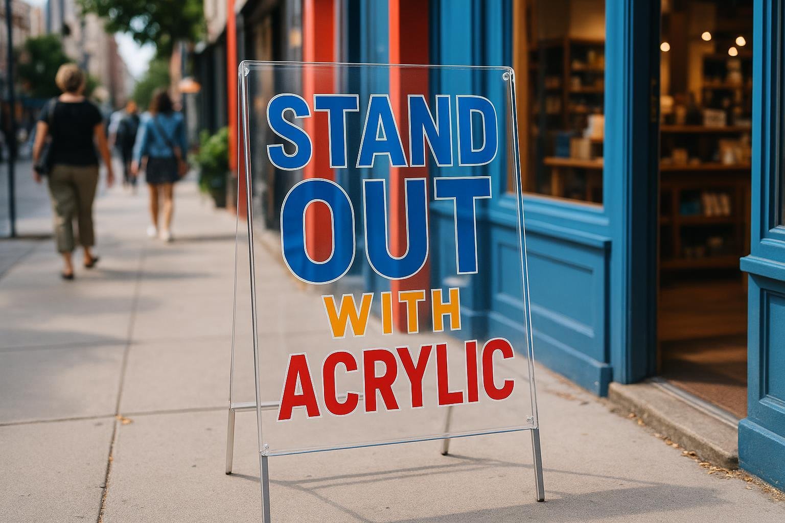 Modern local shop with custom acrylic sidewalk sign boosting visibility.