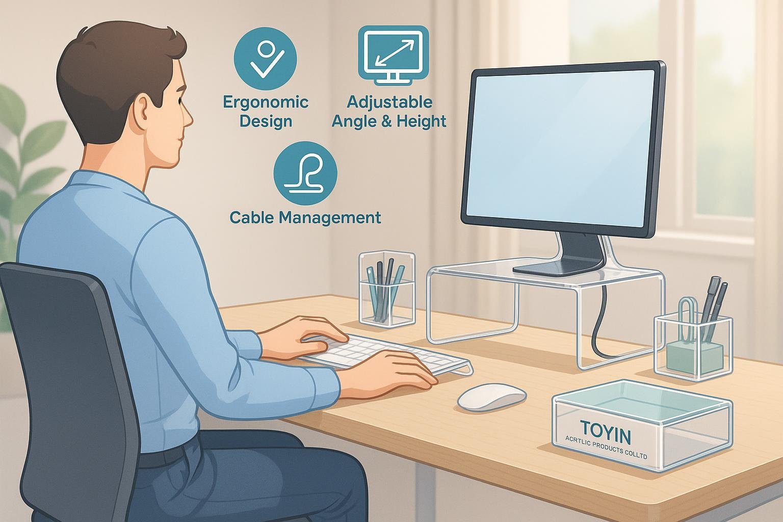 Workspace transformation with VESA-compatible acrylic stand and Toyin accessories, showing ergonomic comfort and organization.