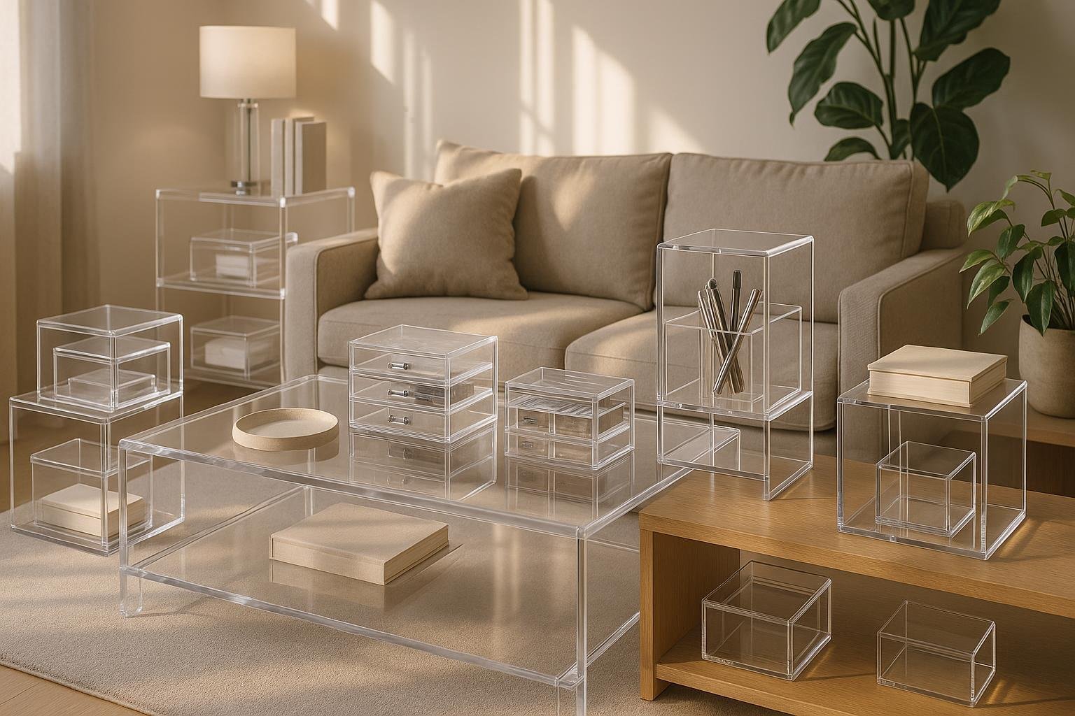Modern home interior with clear acrylic furniture, organizers, and display boxes bathed in light, showcasing versatility and design potential.