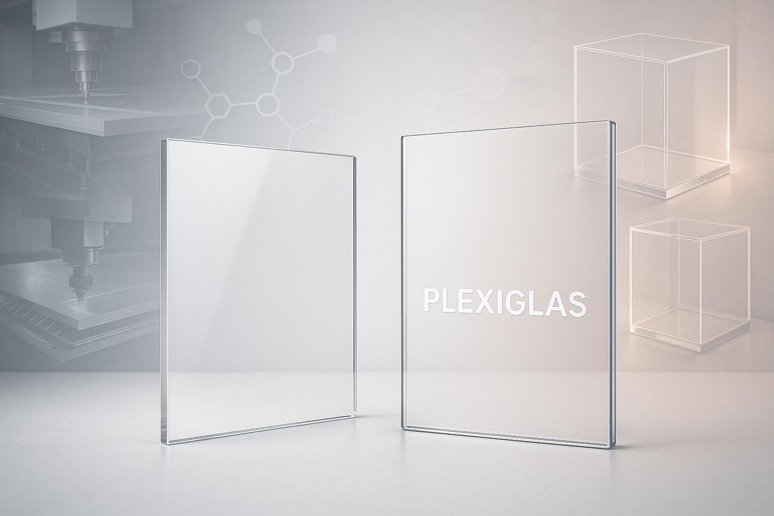 Acrylic sheet and Plexiglass side by side, with industrial and product application background, symbolizing clarity and manufacturing quality.