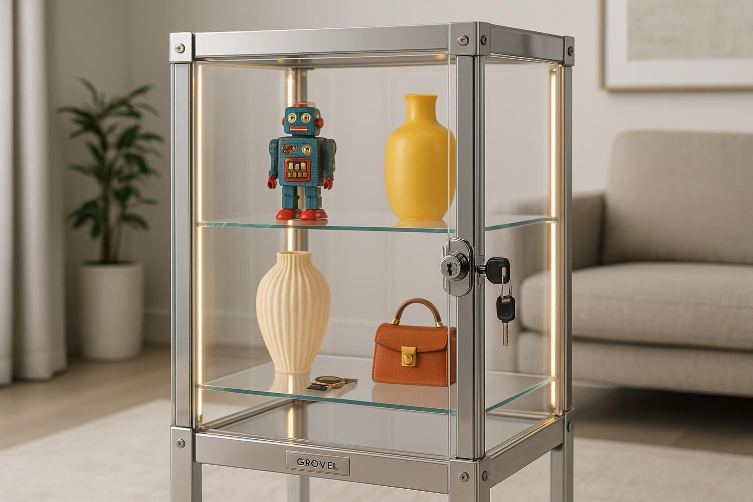 Locking curio cabinet with valuables, modern design, secure setting, highlighting acrylic and customizable features