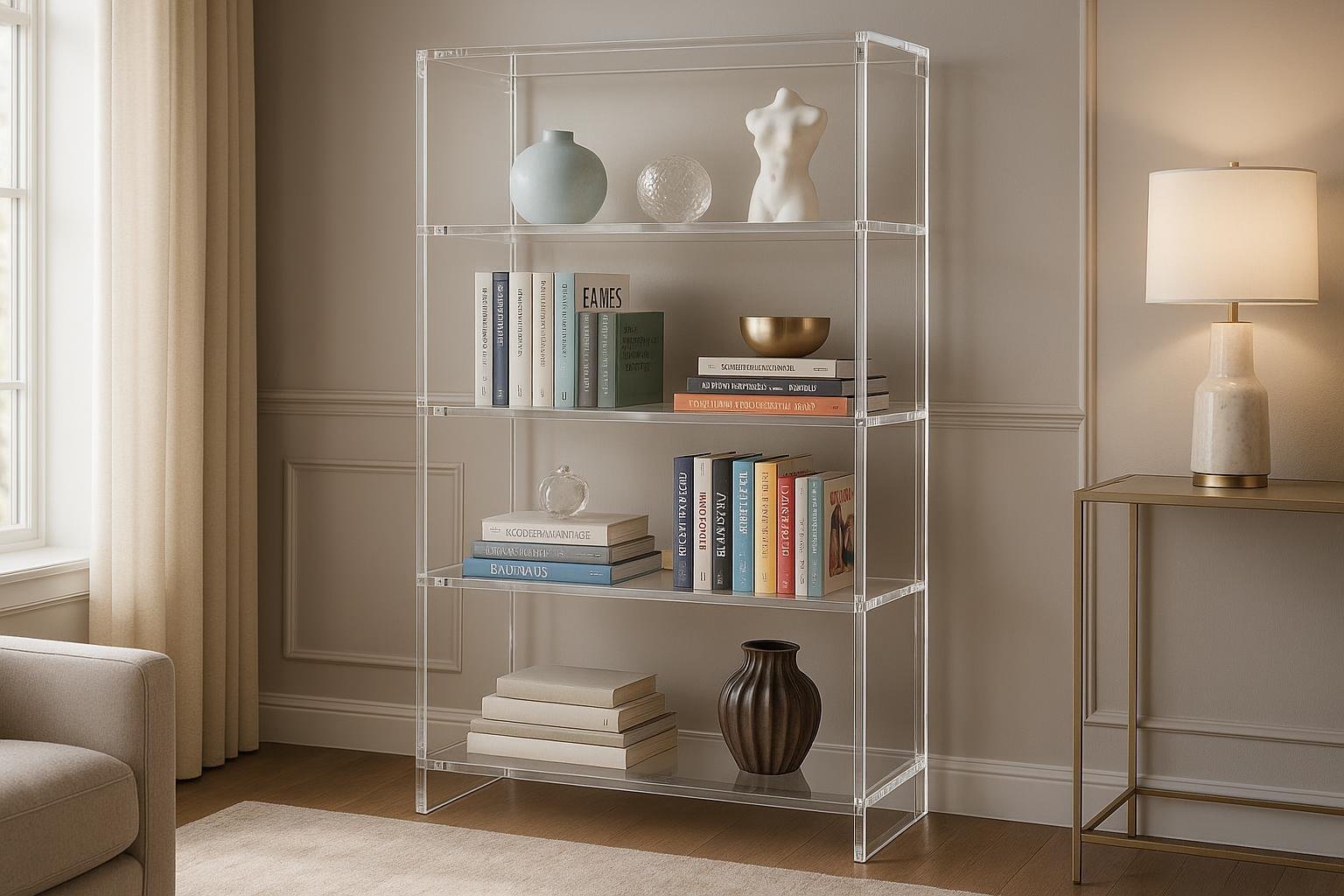 A modern acrylic and wood bookcase curio cabinet blending display and storage in a stylish, well-lit living room setting.