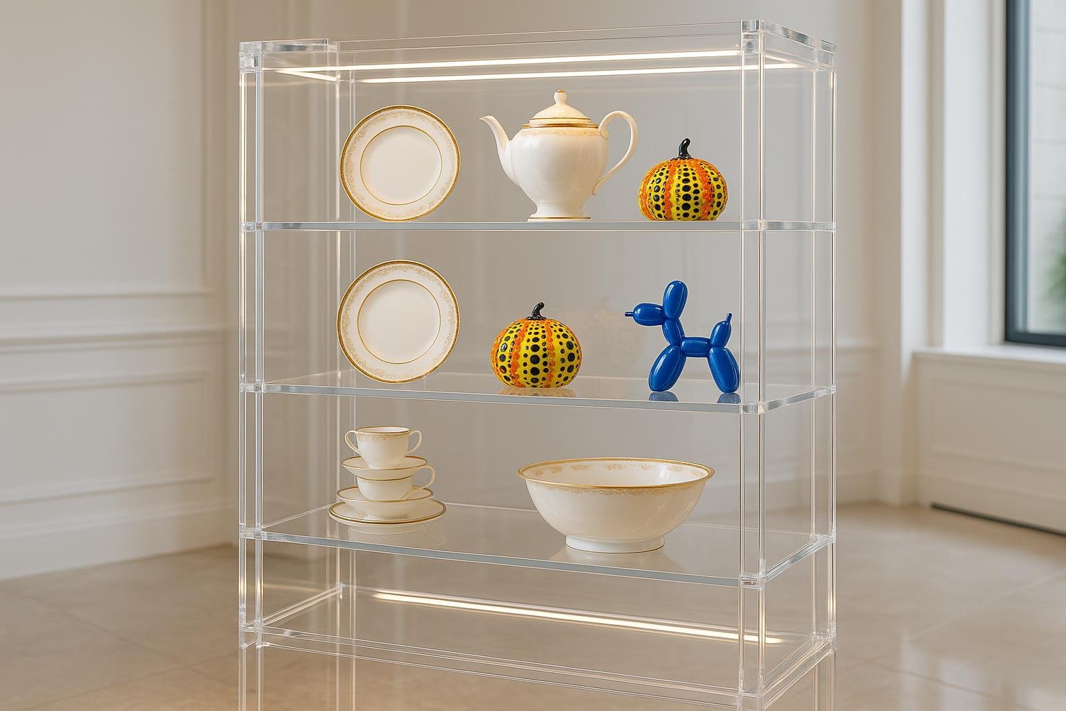 Modern acrylic china cabinet in a luxury interior setting