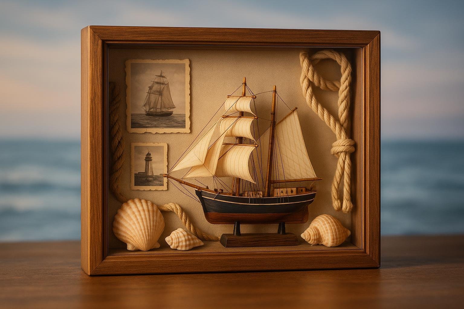 Expertly crafted ship shadow box displaying nautical memorabilia in a premium acrylic case, set against a nostalgic sea-themed background.