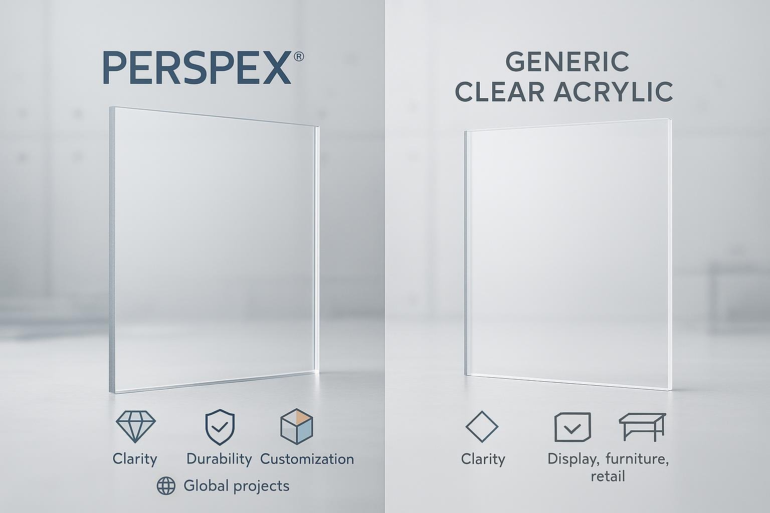 Perspex vs Acrylic comparison—premium vs generic clear acrylic sheet for manufacturing and design