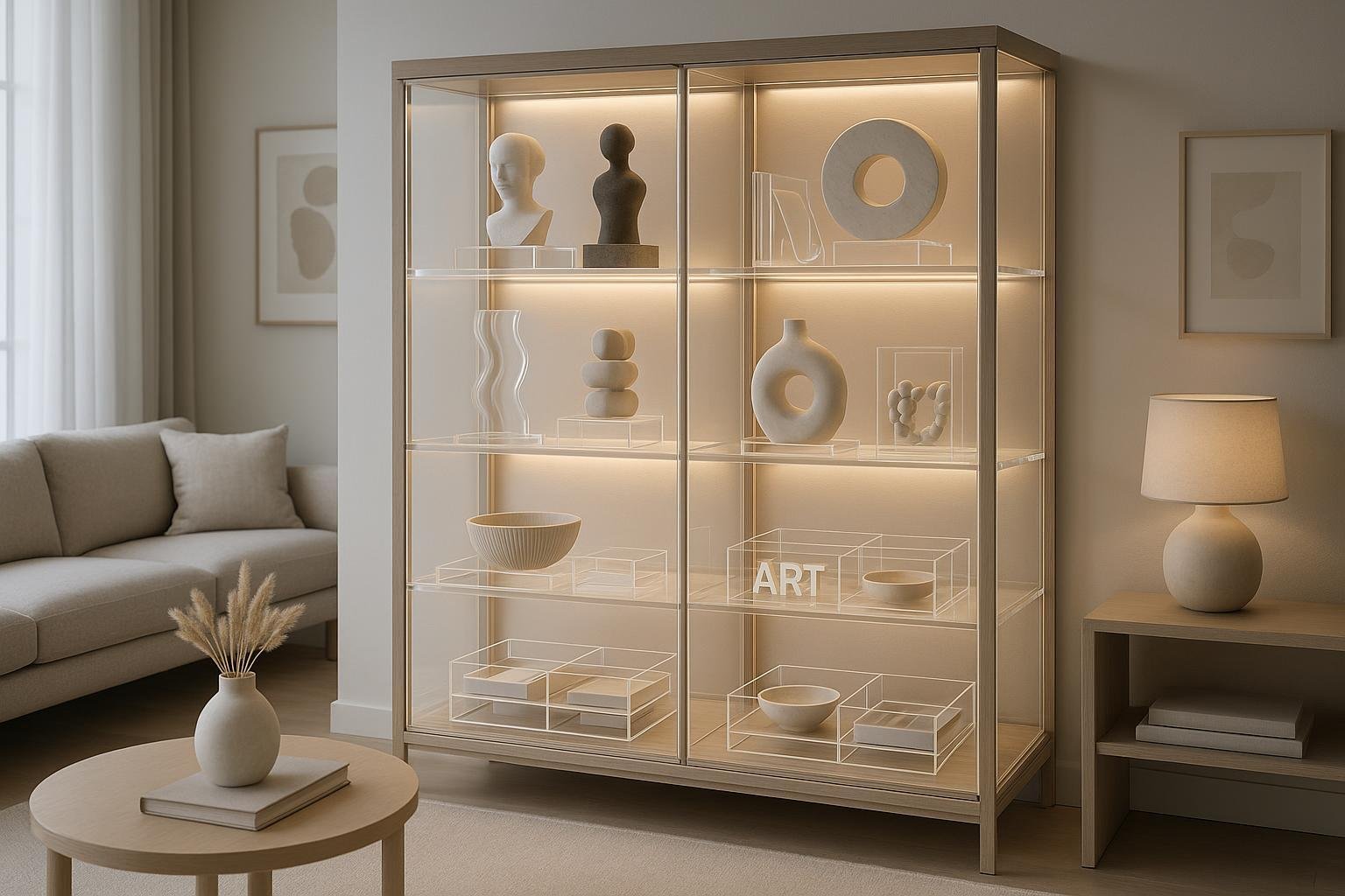 Modern living space transformed with a large curio cabinet featuring TOYIN acrylic organizers, trays, and elegant collectibles.