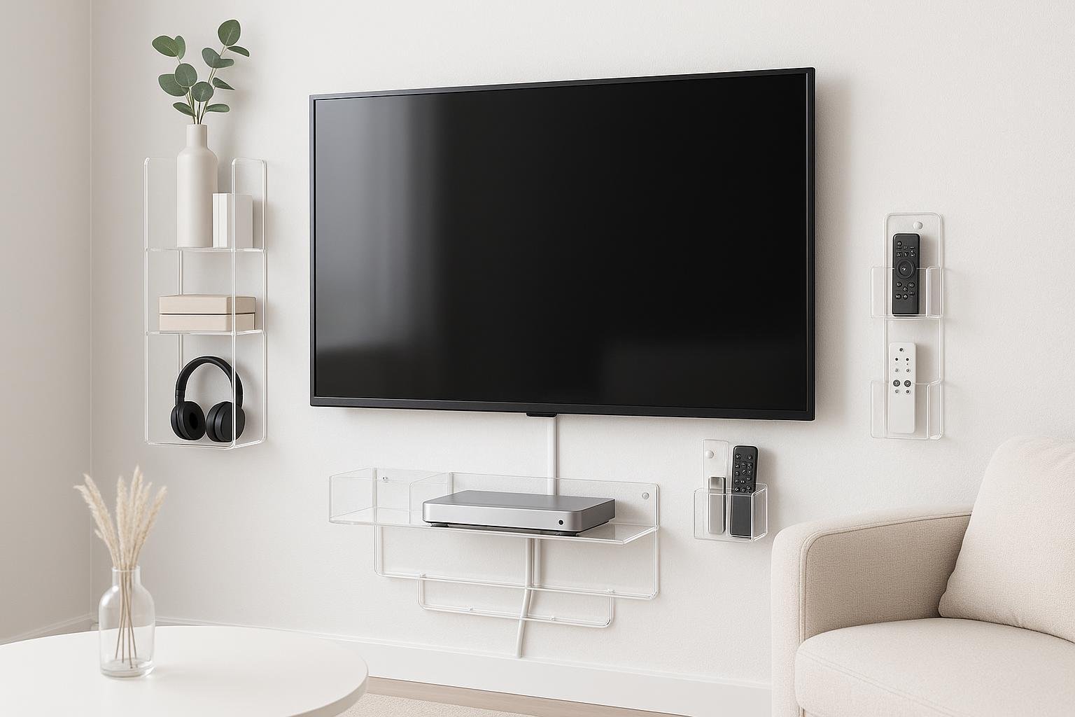 Wall-mounted TV in a corner with acrylic organizers and cable trays in a modern space.