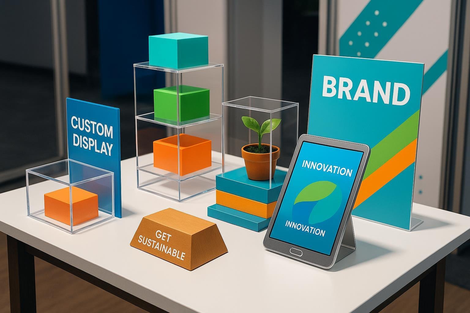 Creative tabletop display setup with custom acrylic stands, interactive elements, and sustainable accents for brand presence at events.