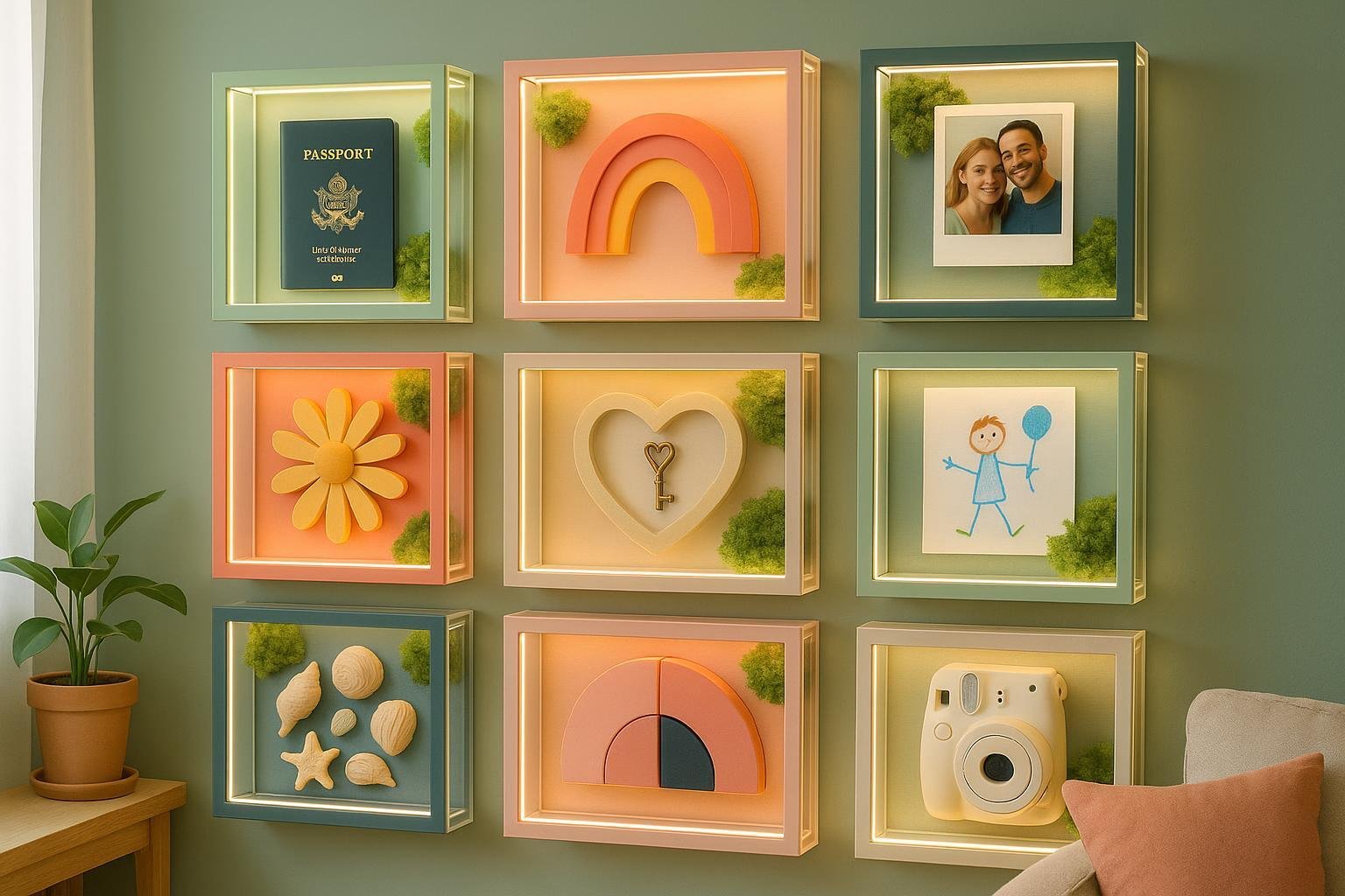 Trend-driven 2025 living room wall with creative shadow box display gallery in dopamine colors, mixed media and acrylic highlights.